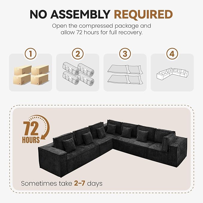 167'' Boneless Chenille L Shaped Couch, Oversized Modular Sectional 7 Seater Sofa, Modern Deep Seat Corner Cloud Compressed Couch, No Assembly Sleeper Sofa with Chaise for Living Room, Black