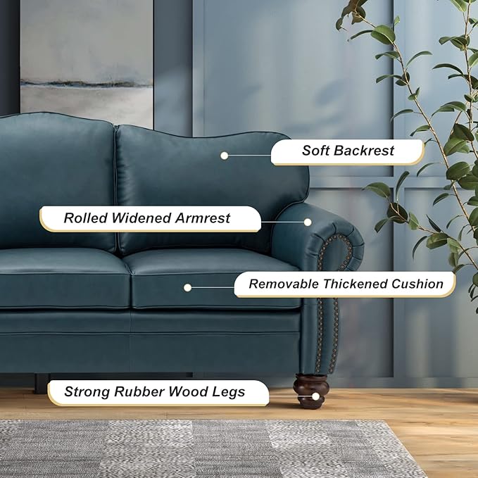 HULALA Home 81'' Genuine Leather Sofa with Nailhead Trim and Rolled Armrests, Mid-Century Modern Living Room 3-Seater Couch, Turquoise Couch with Removable Cushion for Bedroom Apartment