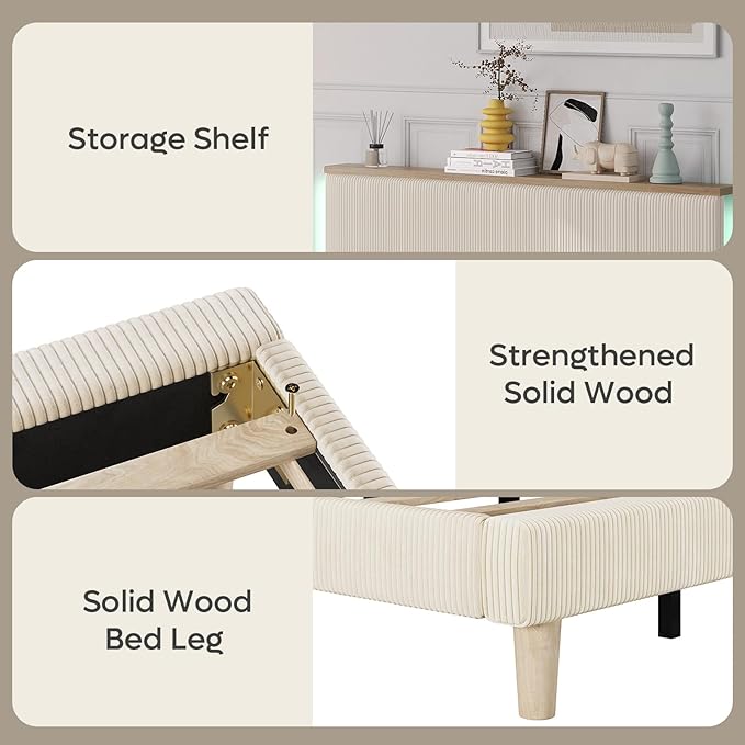 Bestier Queen Bed Frame with Adjustable Headboard & LED Lighting, Corduroy Upholstered Platform Bed Frame with Storage Shelf, Solid Wood Slats, No Box Spring Needed, Never Squeak, Easy Assembly, Beige