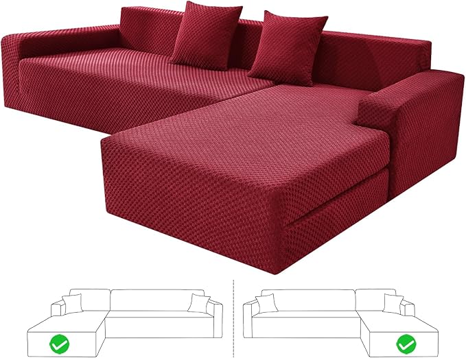 ZNSAYOTX Sectional Couch Covers, Stretch Jacquard Slipcovers with Elastic Bottom for L-Shape Sectional Sofa, 2 Pcs Pet Friendly Modular Sofa Protector (3 Seat Couch + 2 Seat Chaise, Wine Red)