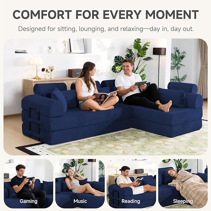 106” L Shaped Boneless Sectional Couch, Two 70.87” Pieces Convert to 141.7” Extra Long Straight Sofa, Corduroy Couch in a Box with Headrest and Back Pillows for Apartment Living Room, Dark Blue