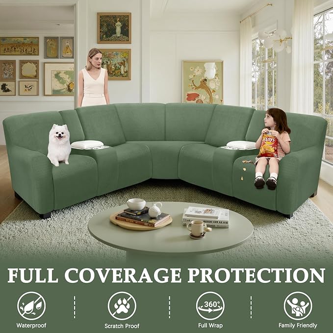 Waterproof Reclining Sectional Couch Covers Washable L Shaped Couch Cover for Sectionals Recliner Sofa Covers Stretch Corner Recliner Slipcovers for Dogs (5 Seater 2 Console Cover, Green)