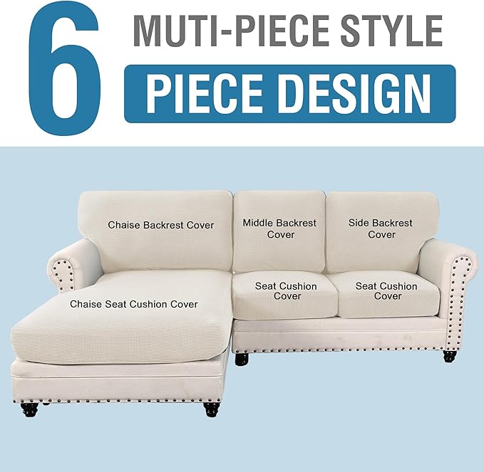 H.VERSAILTEX 2025 New Sectional Couch Covers 6 Pieces Stretch Sofa Covers for Sectional Sofa Set Separate L Shaped Couch Cover for Both Left/Right Couch (Seat and Back: 1 Chaise + 2 Sofa, Ivory)