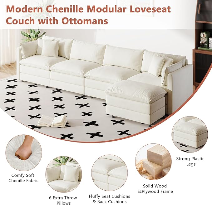 Setawix Deep 4 Seater Couch with Ottoman,147.22" L-Shaped Cloud Couches for Living Room,Chenille Cloud Sofa Couch with Deep Seat,Modular Sectional L Shape 4 Seat Sofa for Bedroom (Beige, 4+1)