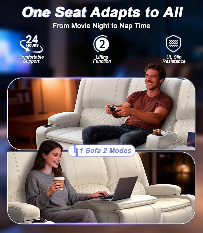 Power Loveseat Recliner Sofa, Removable Armrest 3 Seats Power Reclining Loveseat with Remote Liftable Console, Wall Hugger RV Theater Seating with Storage & USB & RGB (PU, White)