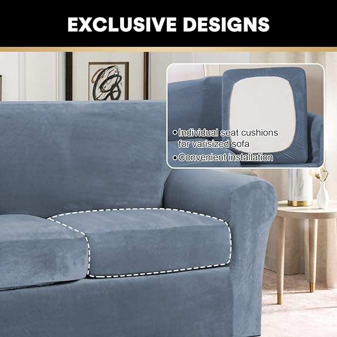PrinceDeco Velvet Couch Covers for Sofa Soft 4 Pieces Couch Covers for 3 Cushion Couch Sofa Pet Friendly Furniture Protector with Non Slip Elastic Bottom Width Up to 90 Inch(Large, Stone Blue)
