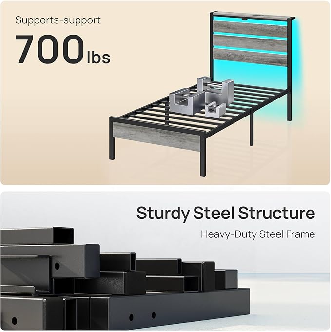 Rolanstar Twin Bed Frame with LED Lights and Charging Station, Wood Storage Headboard and Under Bed Storage, Metal Platform Bed, Easy Assembly, No Box Spring Needed, Grey