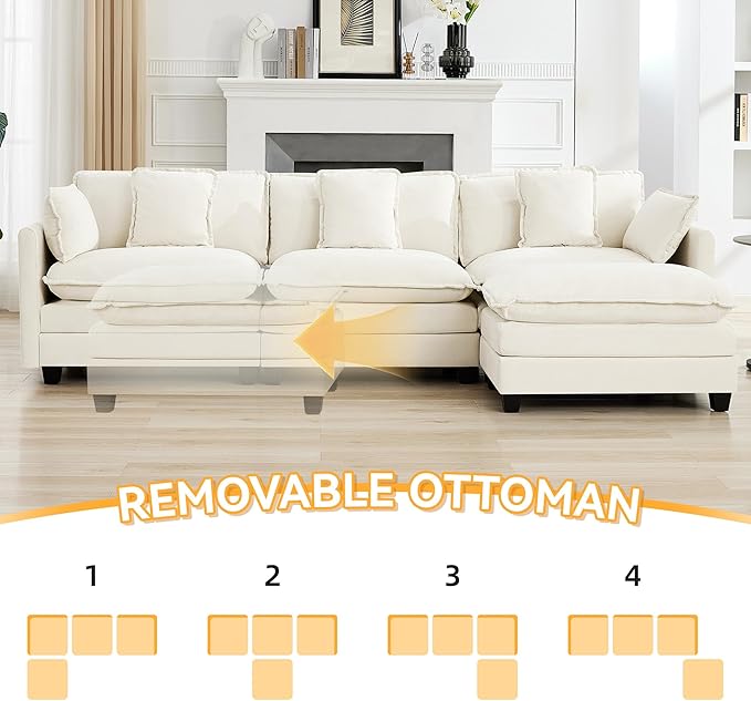 111'' Sectional Cloud Deep Seat Couch, Modern Comfy Chenille L Shaped Sectional Sofa for Living Room Set, Upholstered Modular 4-Seats Sofa Couch with Movable Ottoman, Beige