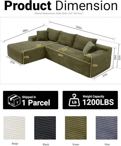 108" Cloud Sectional Couch,Modern Modular Sectional Sofa with Deep Seat,Corduroy Boneless Couches with L-Shape Chaise for Living Room,No Assembly Required (Green, Left Facing Chaise)