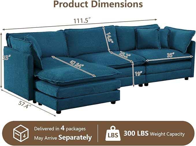 111.5" Modular Sectional Sofa, Large L Shaped Sectionals Cloud Couch, Big Comfy 3-Seat Couch with Ottoman, 4 Seater Chenille Sectional Sofa with Deep Seat and 5 Pillows for Living Room- Blue