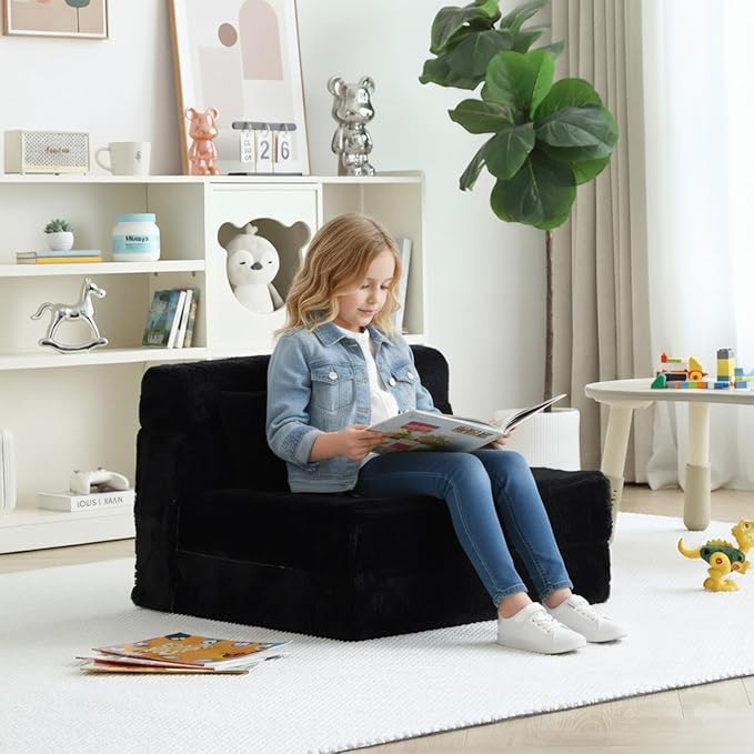Tiita Convertible Folding Kids Sofa Bed with Pillow & Storage Bag, Plush Fabric Floor Mattress Couch Bed, Washable Cover, Kids Room, Playroom, Dorm, Apartment, Black
