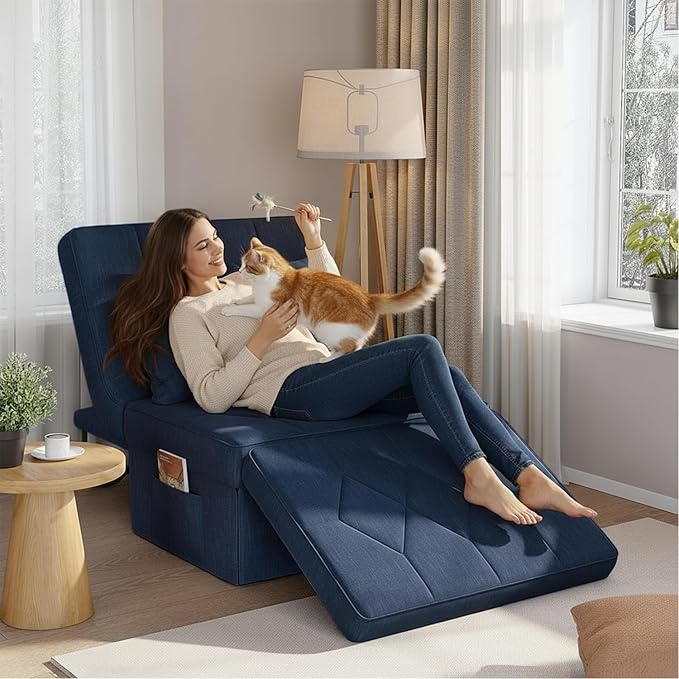 Convertible Sofa Bed with 5-Level Adjustable Backrest, 70" D x 34" W 4-in-1 Folding Ottoman Sleeper Chair Bed, Modern Single Futon Couch for Living Room Apartment Dorm Small Space, Navy Blue