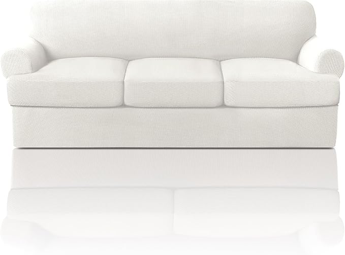 PrinceDeco T Cushion Sofa Slipcover 4 Pieces Sofa Covers for T Cushion Couch Soft Sofa Slip Covers Furniture Protector with 3 Individual T Shape Seat Covers Width Up to 88" Porcelain
