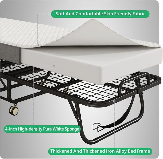Folding Bed with Mattress for Adults, 75" x 45" Portable Twin XL Size Rollaway Bed, Metal Frame Foldable Guest Bed with Memory Foam Mattress,Deluxe Extra Beds with Side Storage Pocket