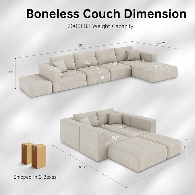 CUGOAO 152'' Modern Boneless Couch, Oversized 2-in-1 Modular Sectional Sofa Bed, Extra Deep Seat Upholstery Cloud Couch, Boneless Couches for Living Room, No Assembly Required, Beige Chenille