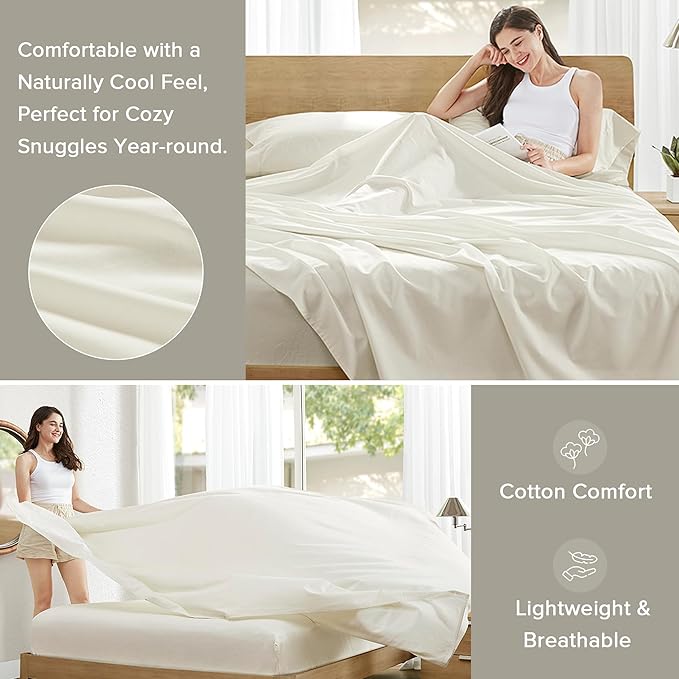 Comfort Spaces 100% Cotton Sheets Twin, Breathable, Soft Cotton Sheets, Naturally Cool Cotton Bed Sheets with 12" Elastic Pocket Fits up to 14" Mattress, All Season Sheet Set, Twin Ivory 3 Piece