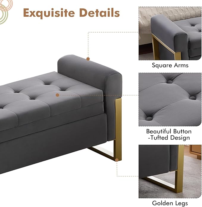 67" End of Bed Storage Bench King Size, Velvet Storage Bench for Bedroom Foot of Bed, Upholstered Storage Ottoman Bench with Gold Legs for Window Living Room Entryway, Dark Grey