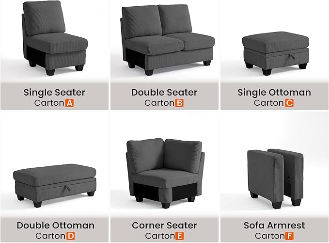 CHIC HOUSE Middle Module for Modular Couch, Corduroy Customizable Chaise, Storage Ottoman for Sectional Sofa, Armrest, Single/Double Seater