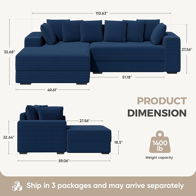 111'' Modular Sectional Cloud Couches with Chaise, L Shaped Large Sleeper Couch Fluffy Corduroy with 8pcs Pillows for Living Room(Blue Left Facing Chaise)