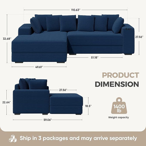 111'' Modular Sectional Cloud Couches with Chaise, L Shaped Large Sleeper Couch Fluffy Corduroy with 8pcs Pillows for Living Room(Blue Left Facing Chaise)