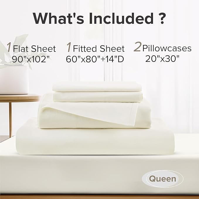 Comfort Spaces 100% Cotton Sheets Queen, Breathable, Ultra Soft Cotton Sheets, Naturally Cool Cotton Bed Sheets with 14" Elastic Pocket Fits up to 16" Mattress, All Season Sheet Set, Ivory 4 Piece