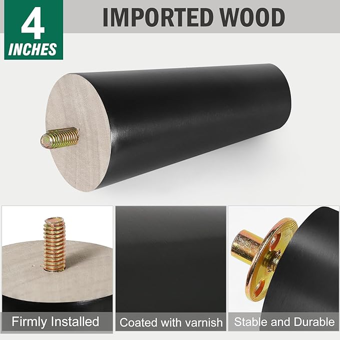FoDau770 Black Rubber Wood Furniture Legs 4 Inches, Straight Tapered Wood Feet Mid Century Sofa Legs Set of 4, 5/16" UNC Furniture Feet for Cabinet Couch Dresser Chair Ottoman Table