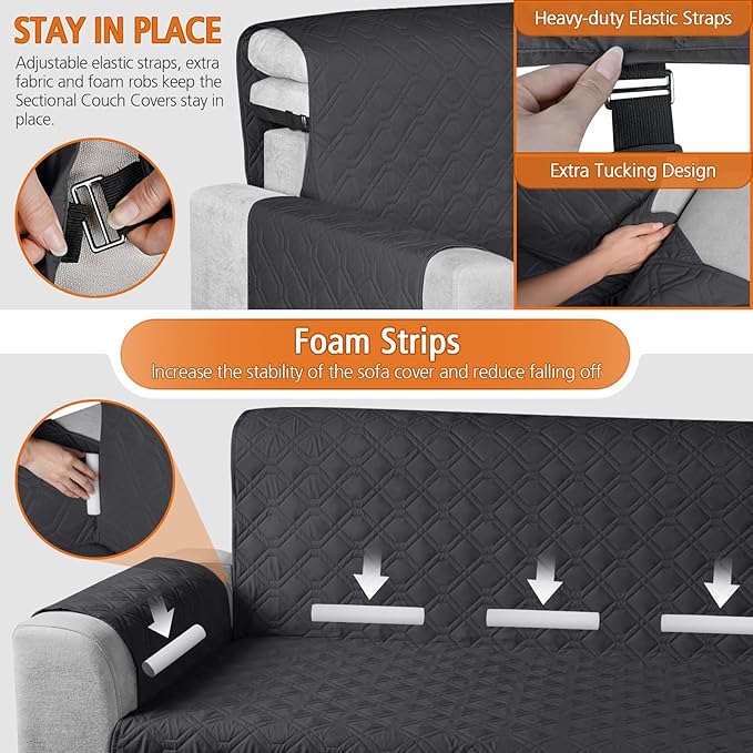 VANSOFY Upgraded Sectional Couch Covers 100% Waterproof L Shaped Sofa Slipcover Reversible Chaise Lounge Cover for Sectional Sofa Furniture Protector Cover for Pets Dog Cat(Large, Charcoal Gray)