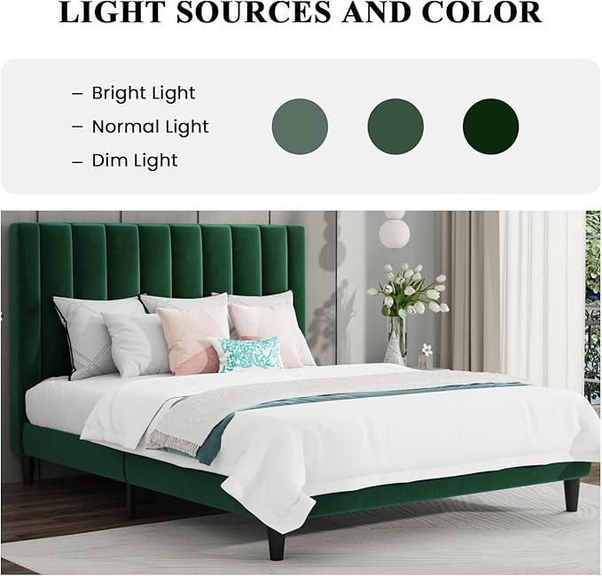 SHA CERLIN Full Bed Frame/Velvet Upholstered Platform Bed Frame with Headboard/Strong Wood Slats Support/Mattress Foundation/No Box Spring Needed - Green