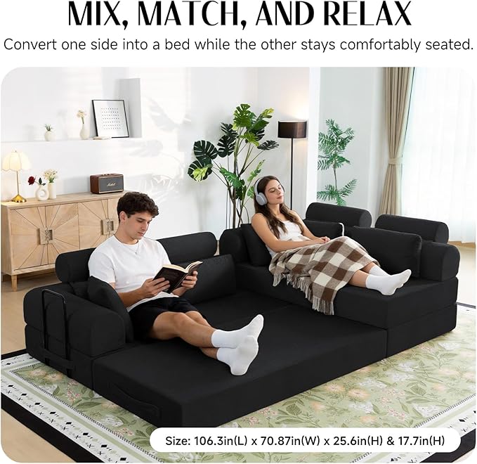 106" L-Shaped Modular Boneless Couch, 2-Piece System (2×70.87"), Convertible Sectional to 141.7" Straight Sofa, Corduroy Couch in a Box, Headrest & Back Pillows for Living Room, Black
