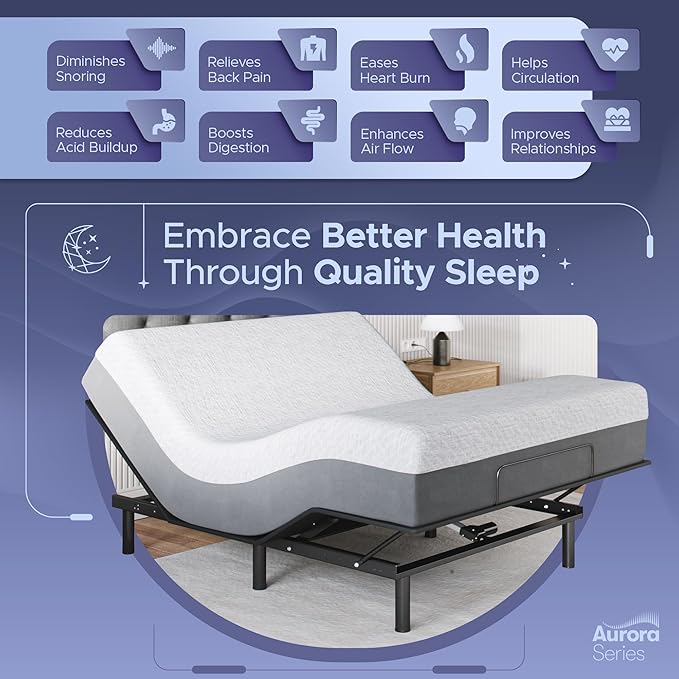 Celestial Aurora Adjustable Bed Base (Frame) + 10 inch Gel Memory Foam Mattress (Medium), Easy Assembly, Head and Foot Lift, Zero Gravity, Memory Positions, CertiPUR-US Bed - Queen