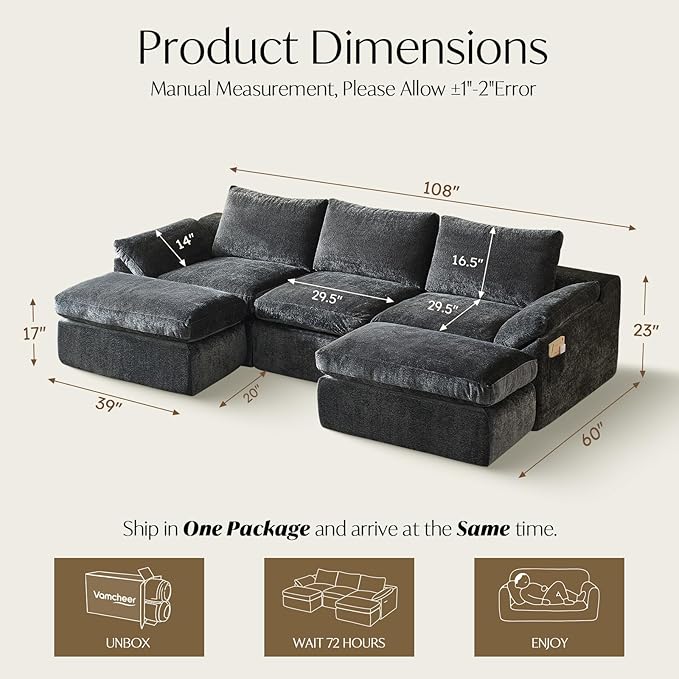 Vamcheer U Shaped Cloud Couch - Utra Soft Modular Sectional Sofa with 2 Movable Ottoman, Deep Seat Boneless Couches for Living Room, Bedroom, Office, No Assembly Required, Grey