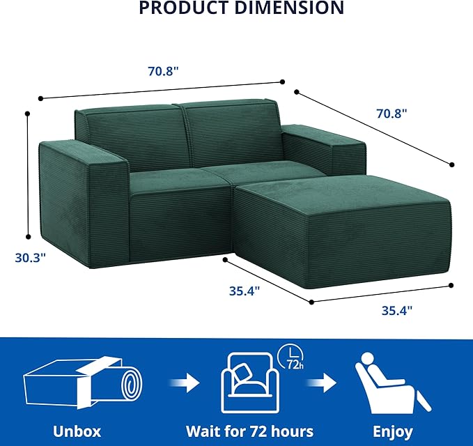 Cozy Castle 71" Loveseat Sofa, L Shaped Comfy Corduroy Boneless Couch with Deep Seat and Ottoman Chaise Cloud Sofa Upholstered Couches for Living Room Bedroom No Assembly Required (Green)