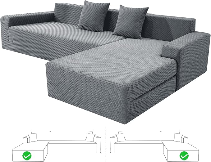 ZNSAYOTX Sectional Couch Covers, Stretch Jacquard Slipcovers with Elastic Bottom for L-Shape Sectional Sofa, 2 Pcs Pet Friendly Modular Sofa Protector (3 Seat Couch + 2 Seat Chaise, Light Grey)