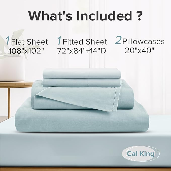 Comfort Spaces 100% Cotton Sheets Cal King, Breathable & Soft Cotton Sheets, Naturally Cool Cotton Bed Sheets with 14" Elastic Pocket Fits up to 16" Mattress, All Season Sheet Set, Light Blue 4 Piece