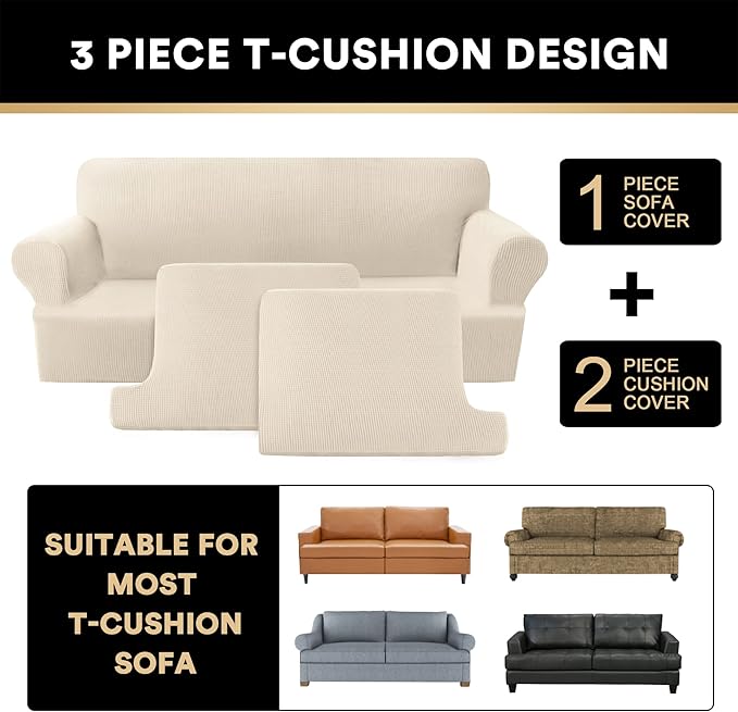 PrinceDeco T Cushion Loveseat Slipcover 3 Pieces Sofa Covers for T Cushion Sofa Stretch Slip Covers for 2 Cushion Couch with 2 Individual T Shape Seat Covers Width Up to 76"- Washable, Natural