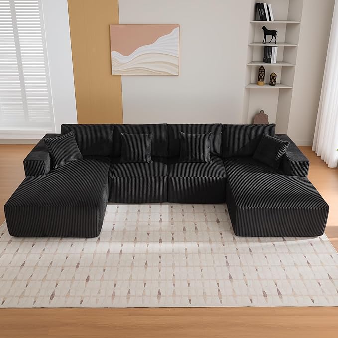 Sectional Cloud Boneless Couch 137" Modern Comfy U-Shaped No Assembly Required Convertible Compression Sleeper Modular Sofa with Corduroy Fabric Deep Seat Single + Chaise for Living Room