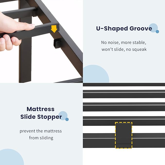 Superay King Bed Frame with Mattress Slide Stopper, 14 Inch Metal Platform Bed Frame, Heavy Duty Tall Bed Frame No Box Spring Needed with Large Storage Space, Easy Assembly, Noise Free