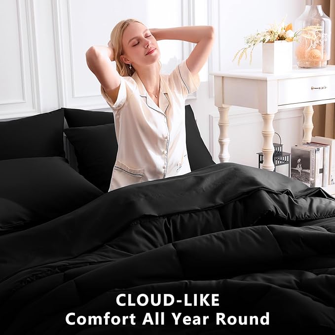 CozyLux Oversized King Comforter Sets Black, 7 Pieces Bed in a Bag, Ultra-Soft All Season Bedding Sets with Stitch Quilted Comforter, Flat Sheet, Fitted Sheet, Pillowcases