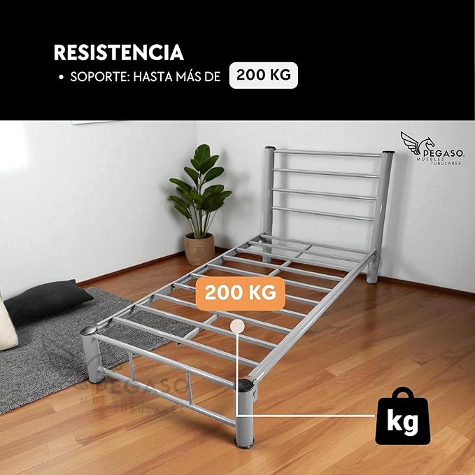PEGASO Single Bed, Metal Frame, 190 x 100 x 100 cm, Grey, Durable