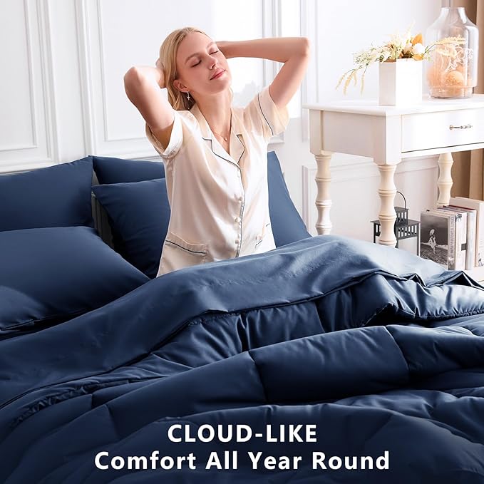 CozyLux Oversized King Comforter Sets Navy Blue, 7 Pieces Bed in a Bag, Ultra-Soft All Season Bedding Sets with Stitch Quilted Comforter, Flat Sheet, Fitted Sheet, Pillowcases