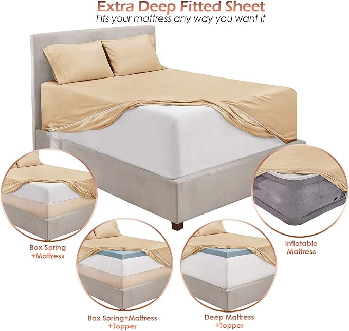 Hearth & Harbor Extra Deep Pocket Sheets - Fits Mattress 18-24 Inches Deep - Extra Deep Pocket Split King Size Sets - 7 Piece Split King Size - Cream