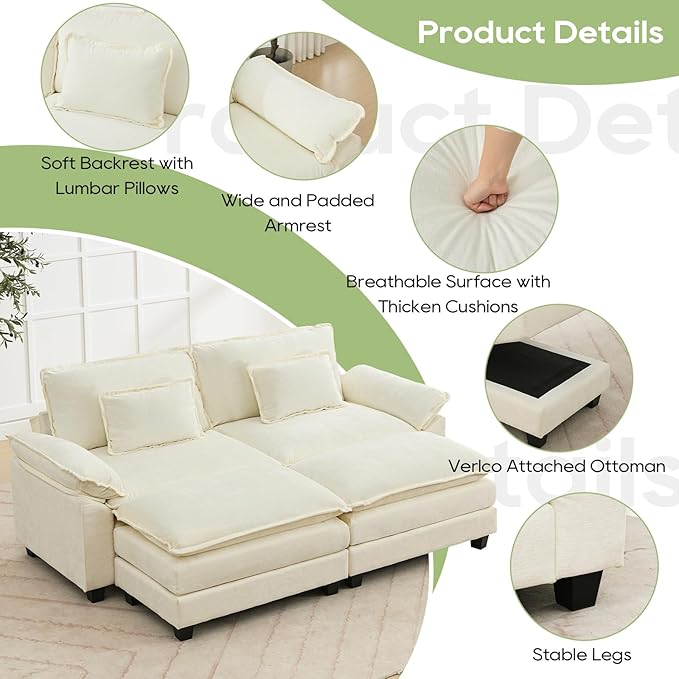 86" Modular Sectional Sofa, Comfy Cloud Couch Sectional Sofa with Ottoman, Chenille Sofa Sleeper Deep Seat Sofa with Throw Pillows for Living Room (Beige White)