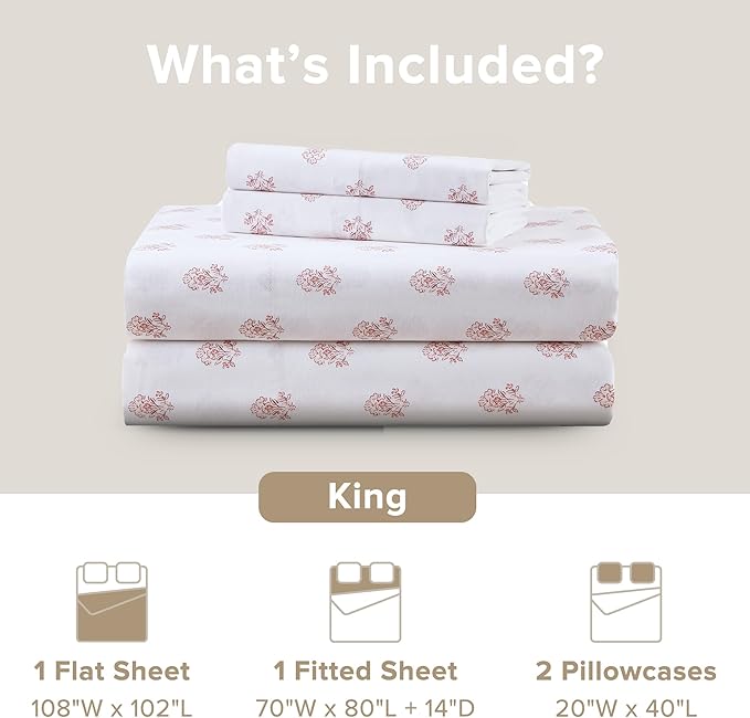 Comfort Spaces 100% Cotton Sheets King, Breathable, Naturally Cool Cotton Sheets, Soft Cotton Bed Sheets with 14" Elastic Pocket Fits up to 16" Mattress, All Seasons Sheet Set, Floral Pink 4 Piece