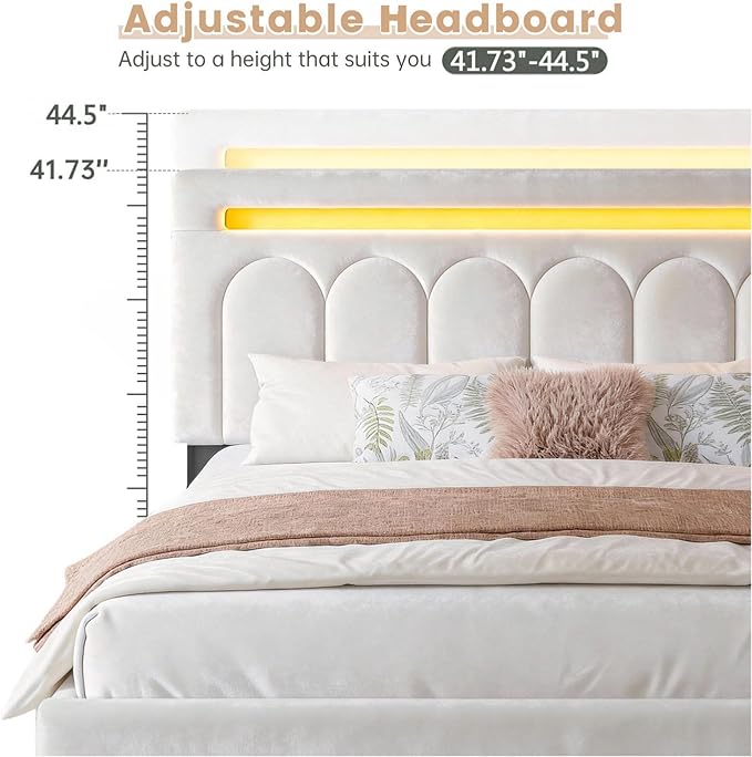 Homkdom Velvet Upholstered Full Size Bed Frame with 4 Storage Drawers, Vertical Arched LED Headboard, Sturdy Wood Slats Support, No Box Spring Needed, Beige