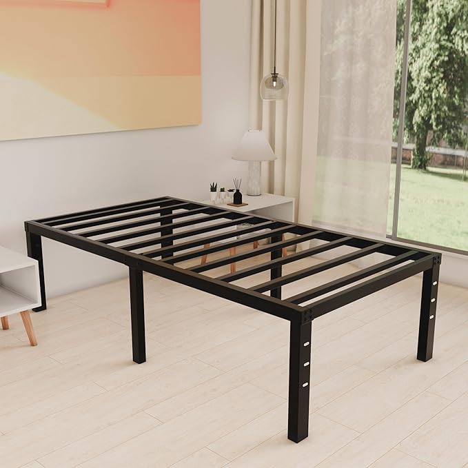 HOBINCHE 18 Inch Metal Twin Bed Frame No Box Spring Needed - Easy Assembly Heavy Duty Noise Free Narrow Bedframes - Single Black Basic Steel Slats Platform with Storage
