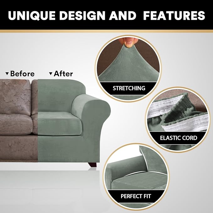 PrinceDeco PriceDeco Velvet XL Couch Cover for Oversized Sofa 4 Piece Sofa Covers for 3 Cushion Couch Washable Furniture Protector with Non Slip Elastic Bottom Width Up to 97 Inch(X-Large, Seagrass)