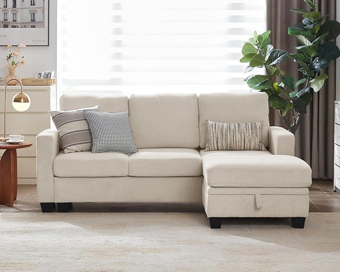 CHIC HOUSE Modular Sectional Sofa with Storage Ottomans, Corduroy Cloud Couch for Small Spaces & Apartments, Reconfigurable L/U Shaped Convertible Corner Sofa, Beige, 4 Seater Sectional
