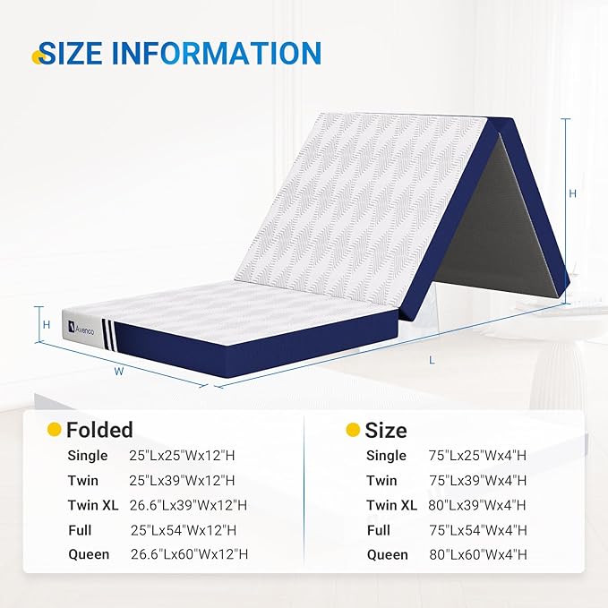 Avenco Trifold Mattress, 4 Inch Folding Mattress Twin Size, Memory Foam Foldable with Removable Cover & Detachable for Floor Bed, Camping, Guest