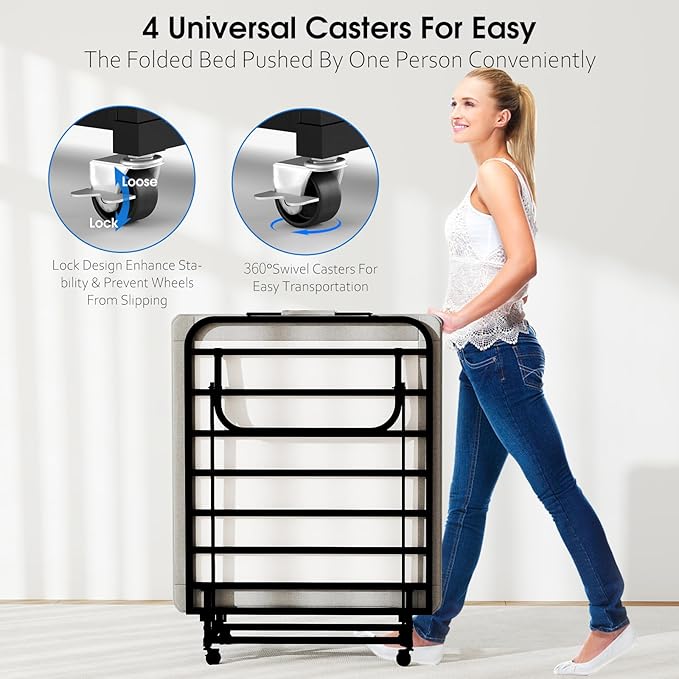 Fabulis Folding Bed with Mattress, Portable Foldable Bed for Adults, Roll Away Guest on Wheels, Memory Foam Mattress and Metal Frame, Space Saving Fold Up for Easy Storage, 75" x 31"