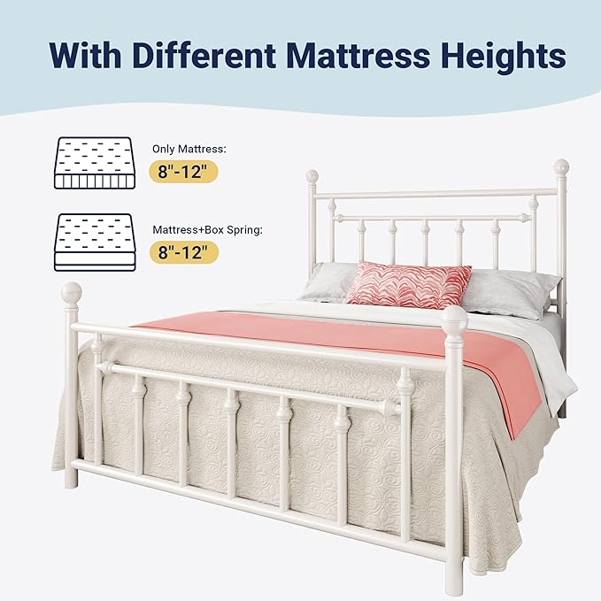 Allewie 14 Inch Queen Size Metal Platform Bed Frame with Victorian Vintage Headboard and Footboard/Mattress Foundation/Under Bed Storage/No Box Spring Needed/Easy Assembly/Noise Free/White
